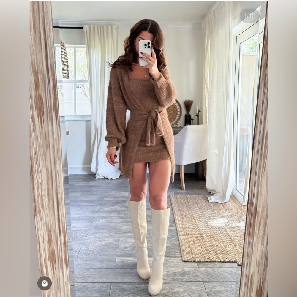 Soft Sleeveless Mini Dress and Cardigan Set in Brown